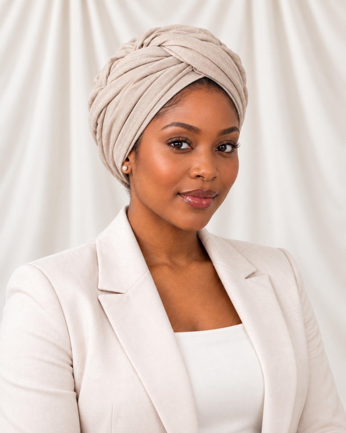 Black woman wearing an elegant neutral headwrap with business attire