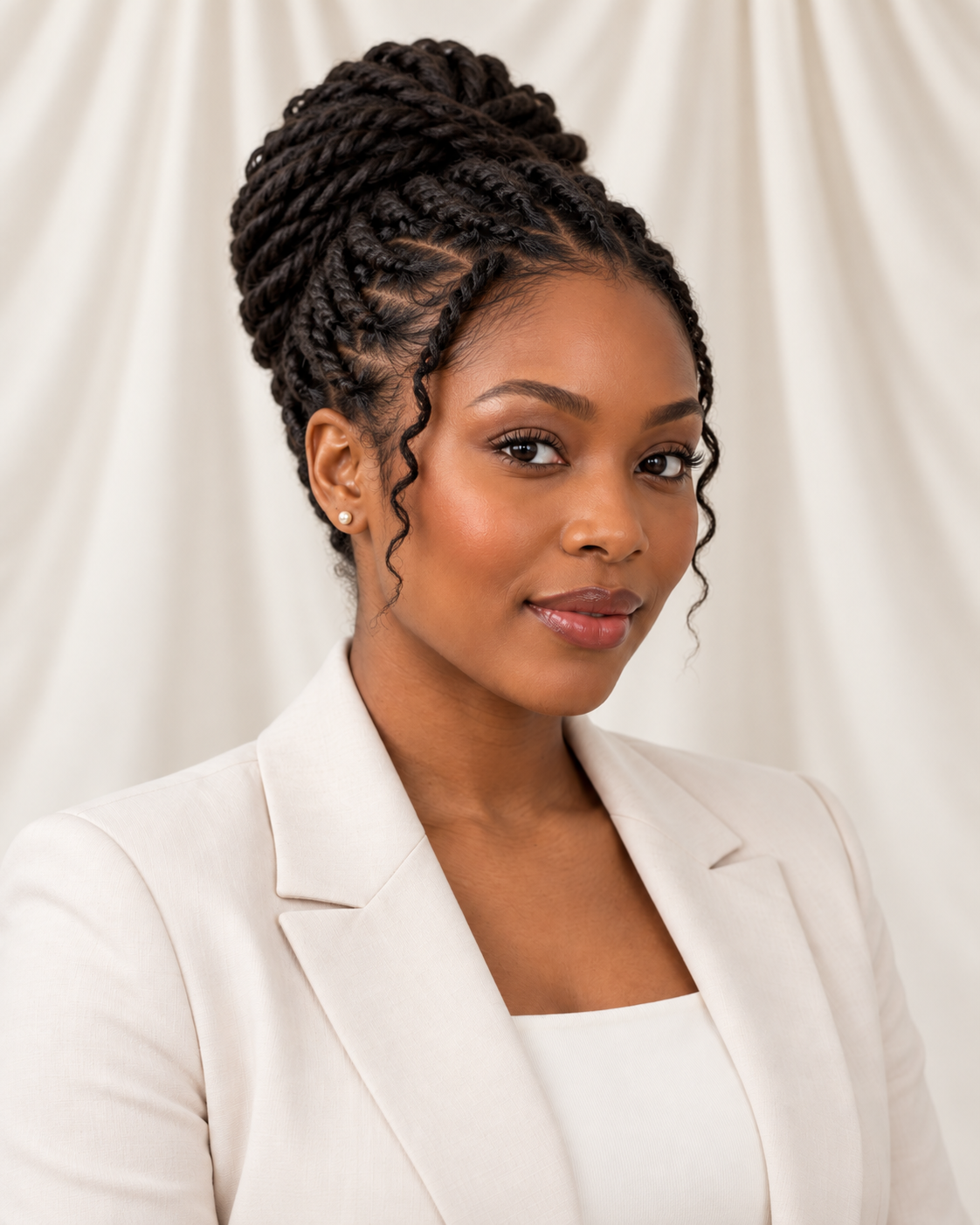 Black woman wearing flat twists styled into a high bun