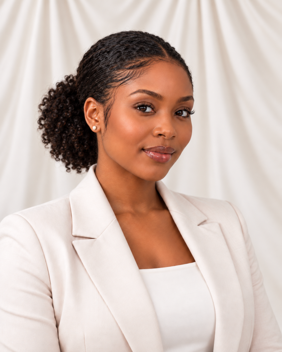 Black woman wearing a polished low puff hairstyle