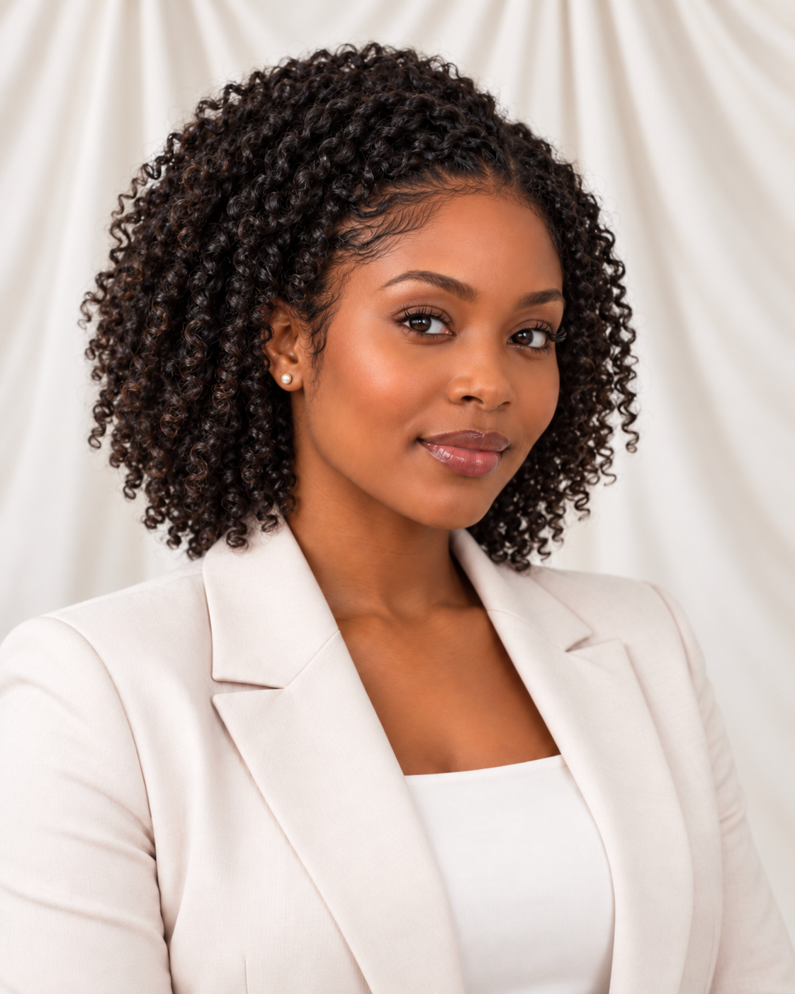 Black woman wearing a defined natural wash-and-go hairstyle for an interview