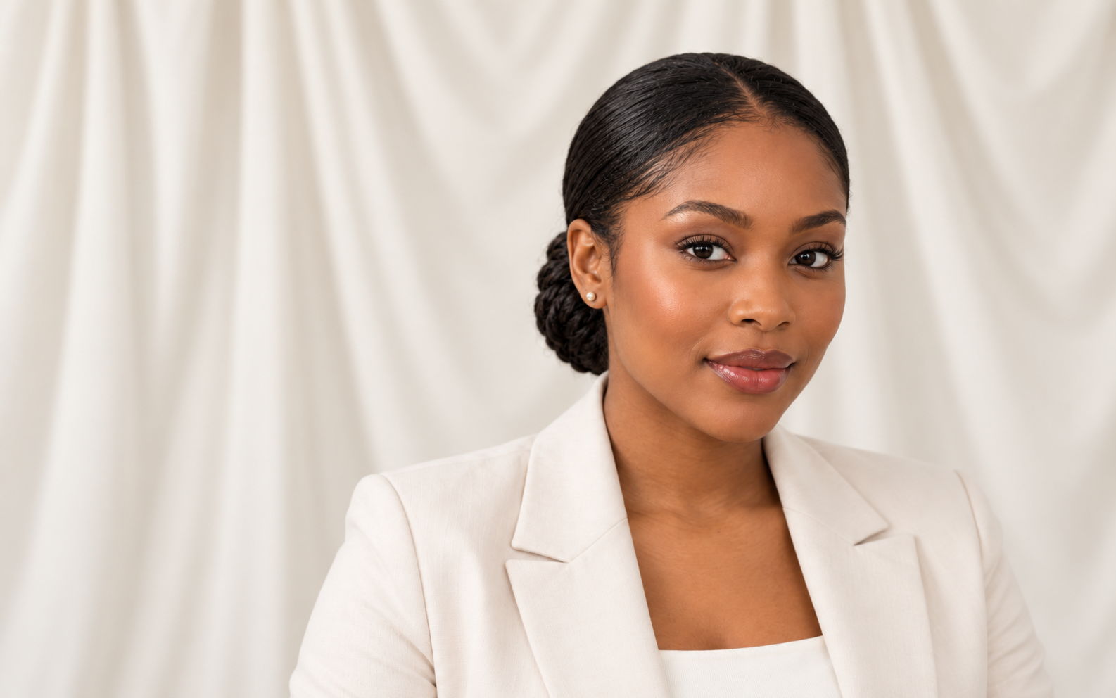 Black woman with natural hair in a low bun framed for a virtual job interview