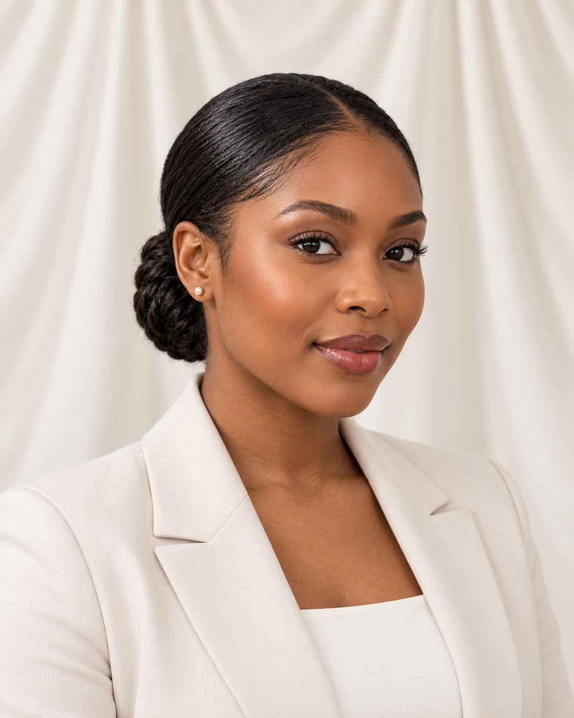 Black woman wearing a sleek low bun for a job interview