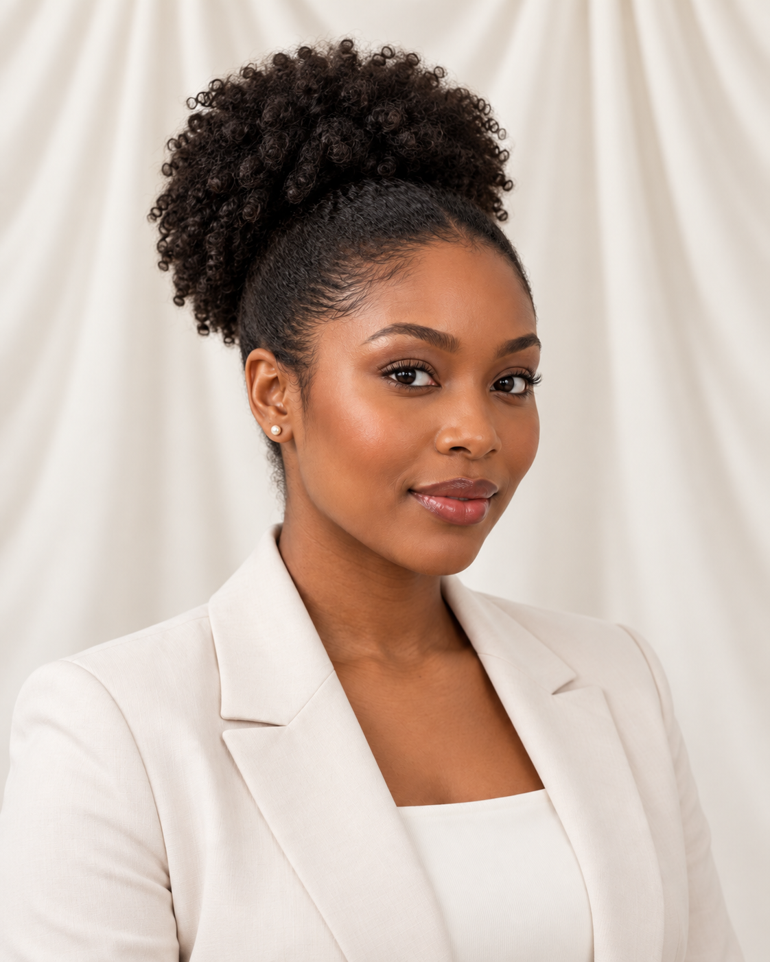 Black woman wearing a high natural hair puff with her face visible