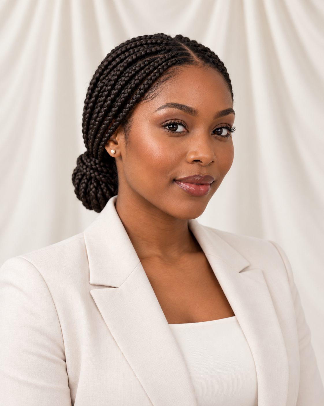 Black woman wearing shoulder-length locs pulled away from her face